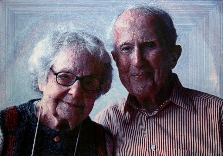 "Estelle & Morton" 2014, 52 x 74.5 inches, drawing in 5 ink colors on panel. Sosland Collection